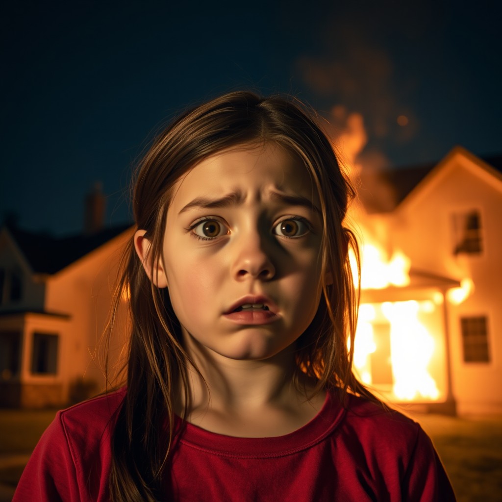 A scared and shocked 13-year-old girl with brown hair and dark eyes, standing in front of a beautifully burning American house at night