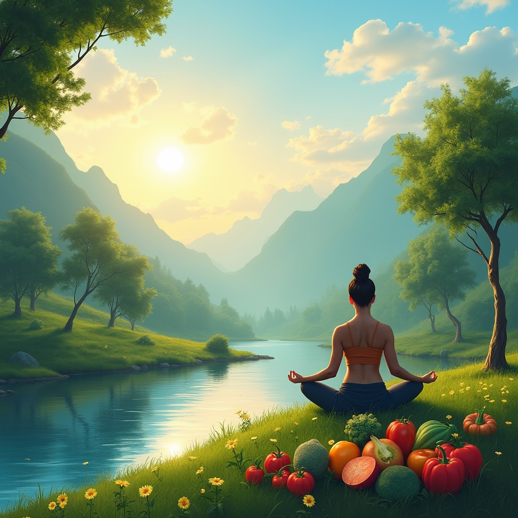 A serene landscape depicting the concept of balance in health and life, featuring a tranquil scene with a sunrise illuminating a peaceful valley