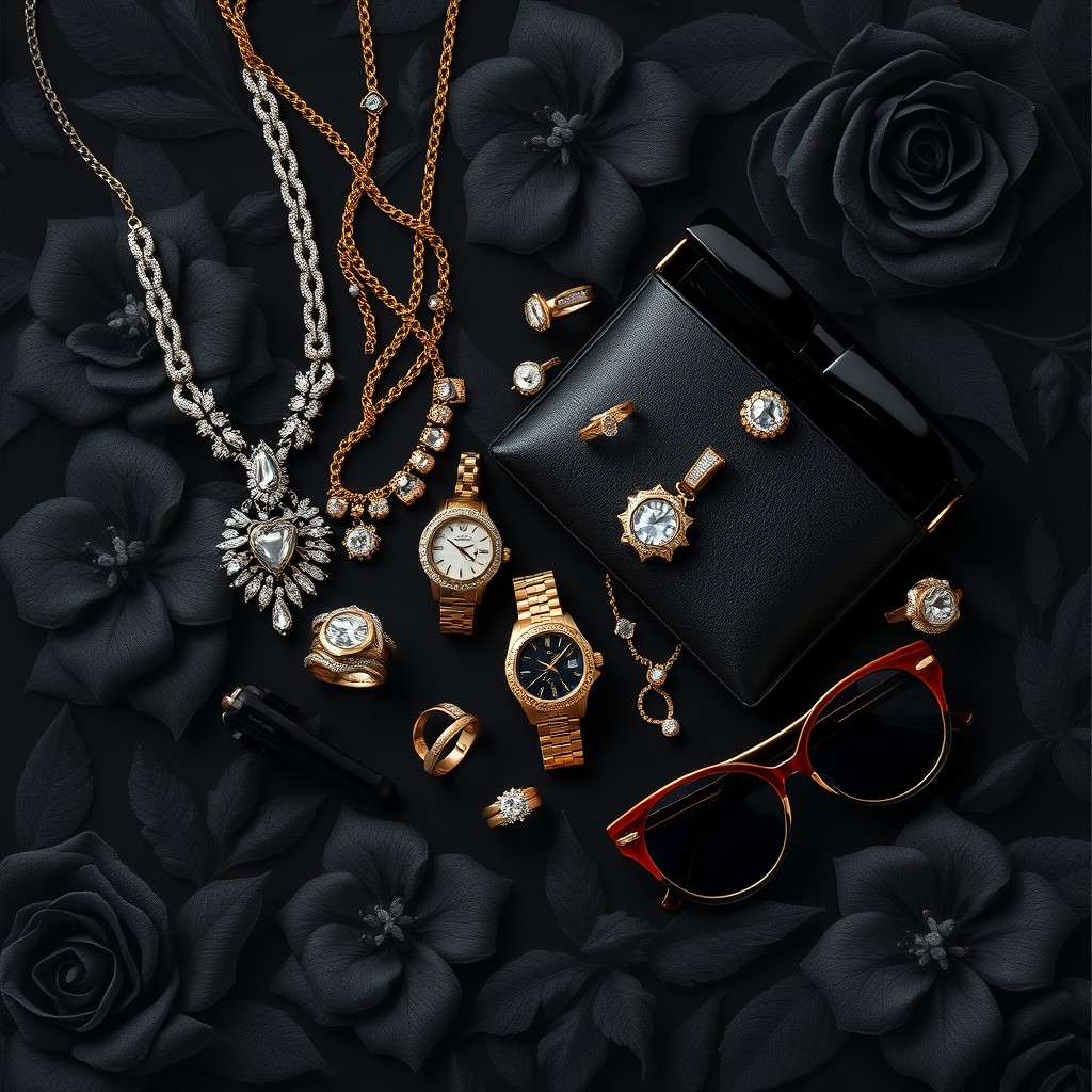 A cover design featuring an elegant black floral background, with luxurious and expensive items artfully arranged on top