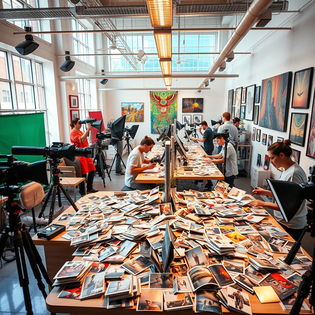 An artistic representation of a vibrant, contemporary photo lab setting