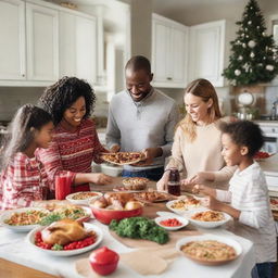 A family of five, including parents and three daughters, busily preparing holiday meals in a festively decorated kitchen while exchanging gifts amidst the merriment of Christmas and the anticipation of New Year