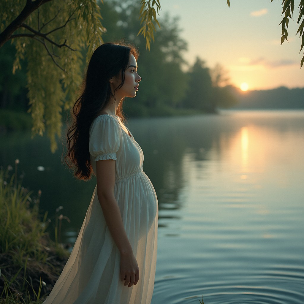 A deeply emotional scene depicting a woman standing by the edge of a serene lake, her expression filled with grief and sorrow