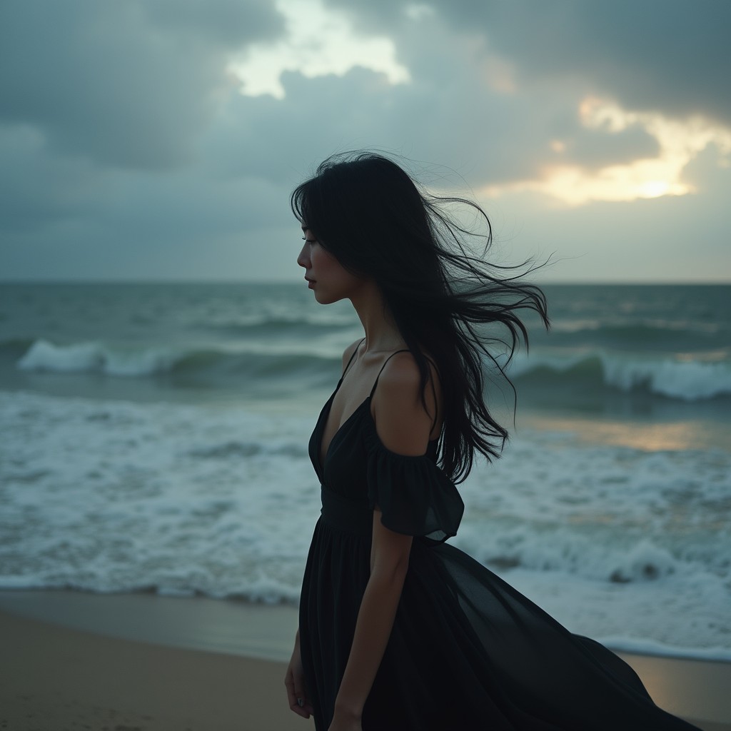 An emotive and dramatic scene of a woman standing on a sandy beach, gazing out towards the vast ocean with a deep sense of mourning and loss after the tragic drowning of her child
