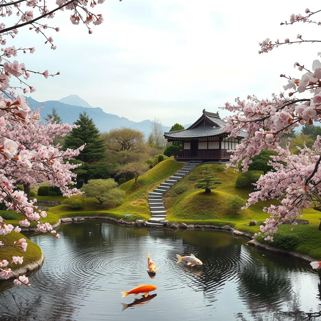 A serene landscape featuring a traditional Japanese tea garden, with a koi pond surrounded by well-manicured greenery