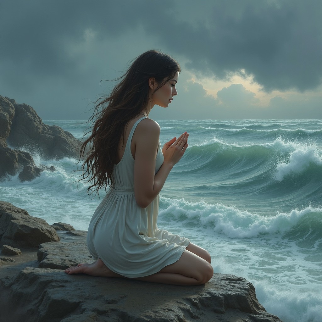 A realistic drawing-style image of a woman kneeling on a rocky shoreline, with her back to the viewer, gazing sorrowfully at the turbulent sea