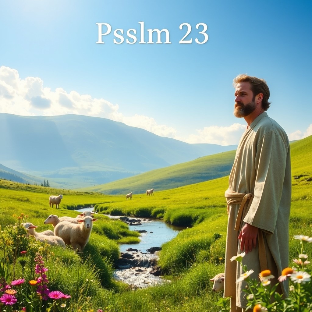 In a serene landscape, evoke the comforting imagery of Psalm 23