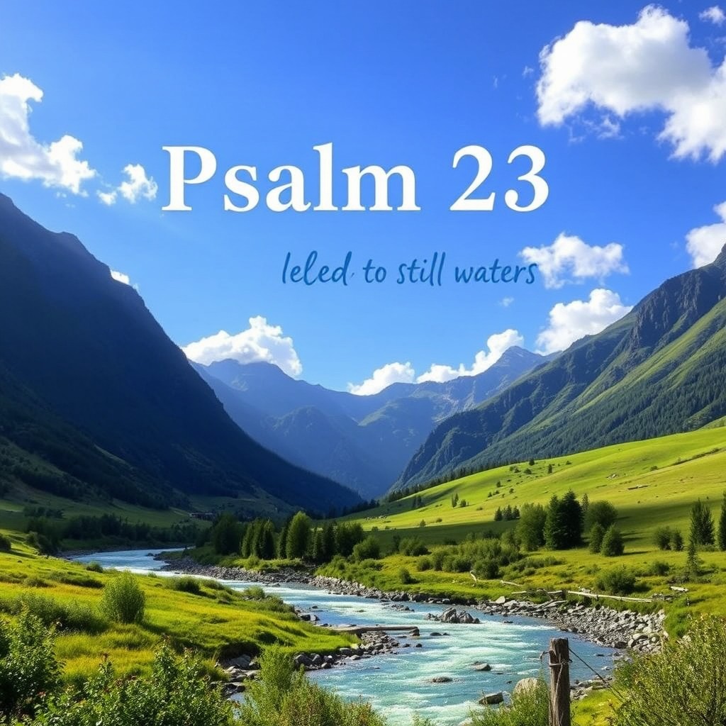 A serene landscape featuring a lush green valley with a clear flowing river, surrounded by majestic mountains under a bright blue sky, symbolizing the themes of comfort, guidance, and peace inspired by Psalm 23