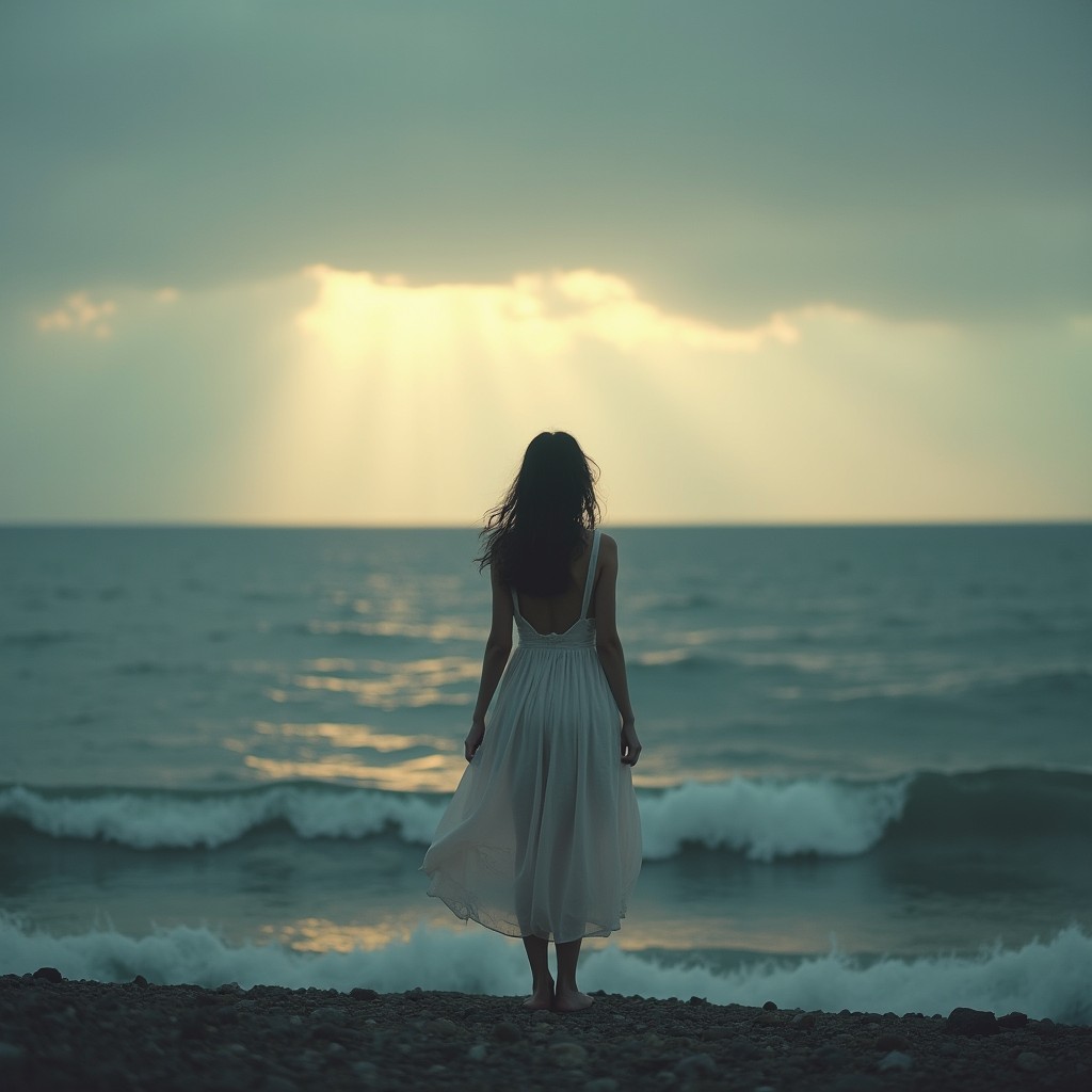 A poetic and melancholic scene of a woman standing at the edge of the sea, viewed from behind, as she gazes out towards an empty horizon