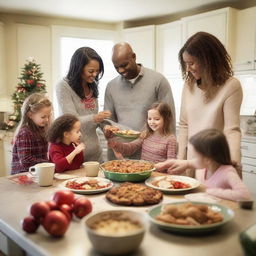 A family of five, including parents and three daughters, busily preparing holiday meals in a festively decorated kitchen while exchanging gifts amidst the merriment of Christmas and the anticipation of New Year