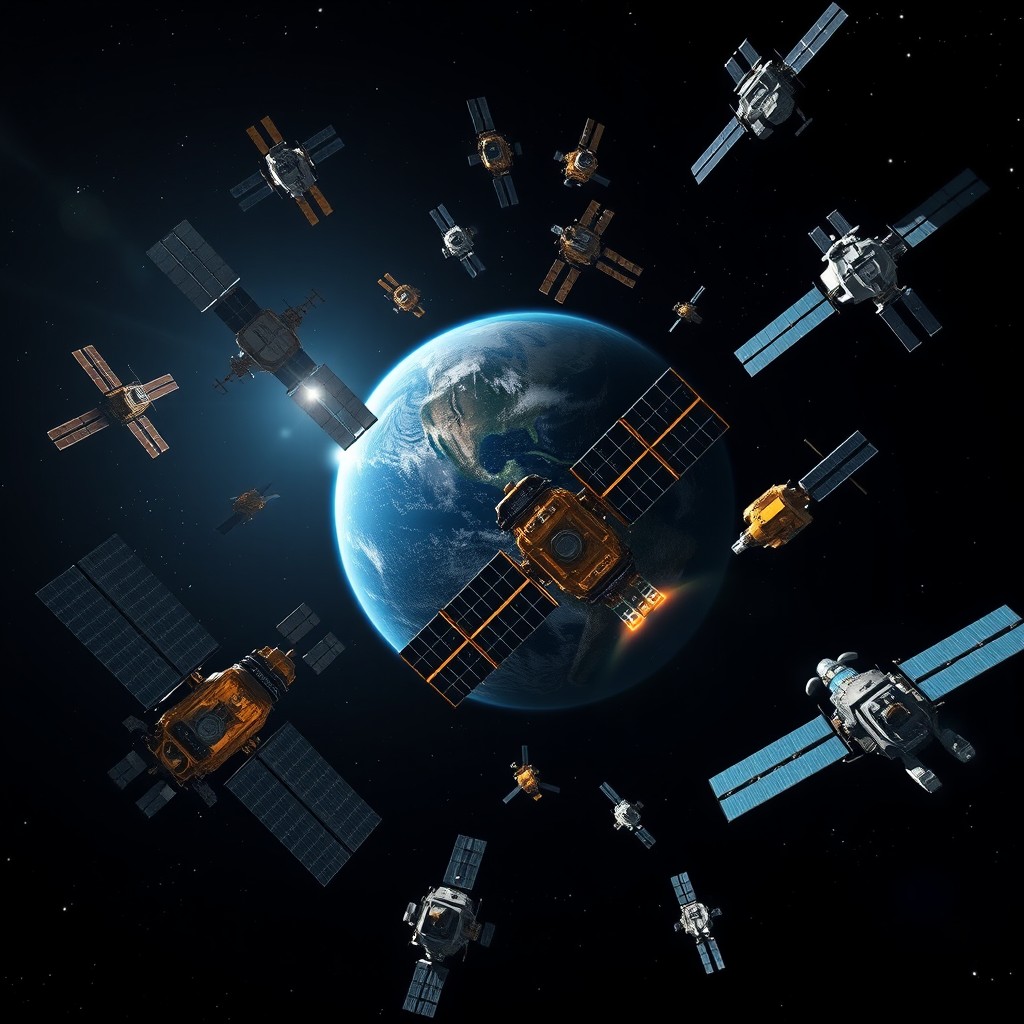 A stunning view of various satellites orbiting Earth, showcasing their intricate designs and technology