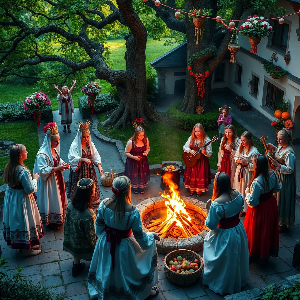 A vibrant scene depicting a group of Russian pagans in a courtyard during a festive celebration