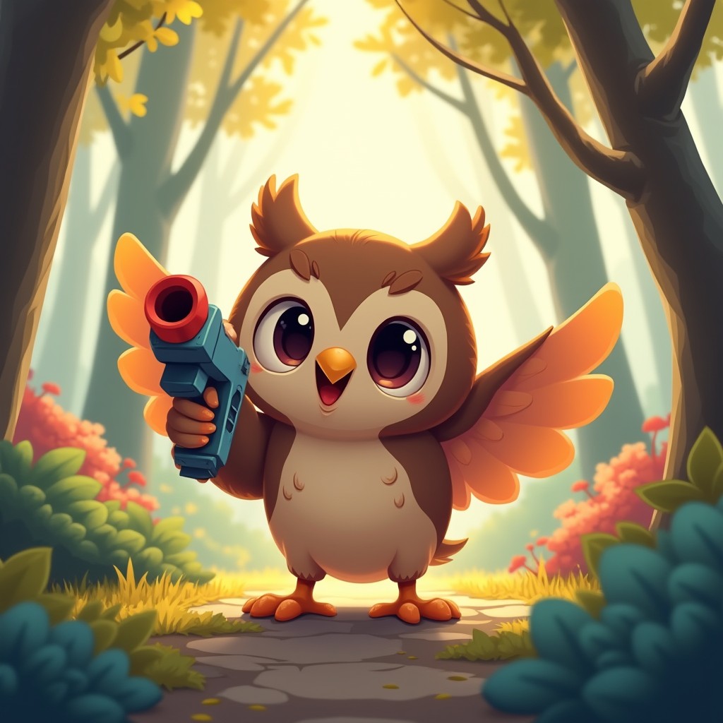 A cute, cartoonish owl character inspired by Rowlet, holding a playful toy gun in its wings