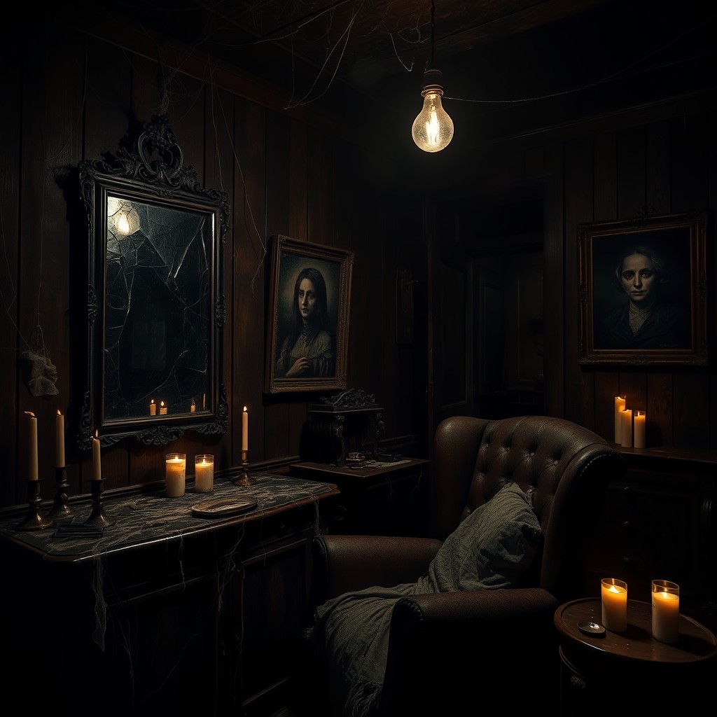 A dark, eerie room filled with unsettling shadows and flickering candlelight, old wooden furniture covered in dust, cobwebs hanging from the corners, and a cracked mirror reflecting ghostly images