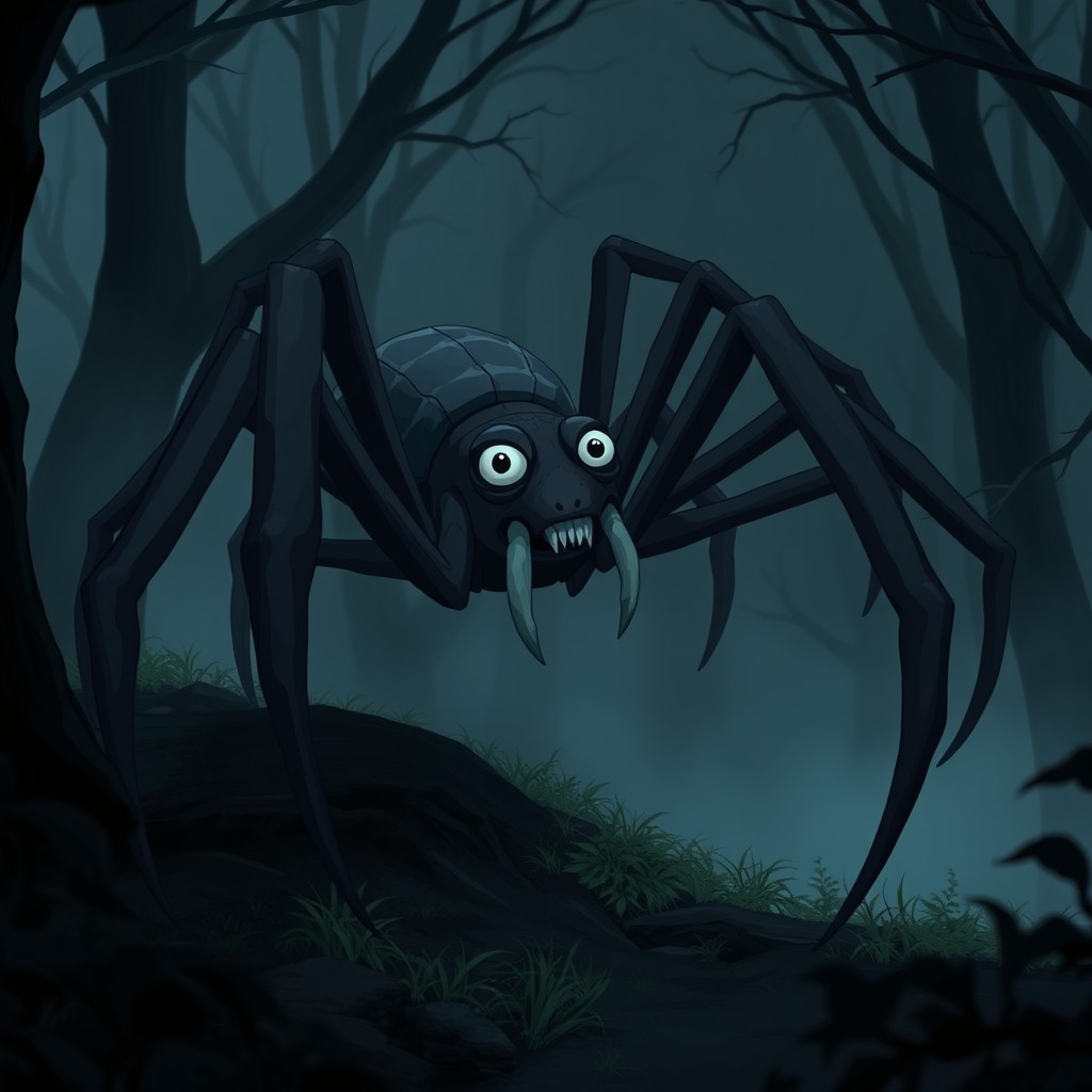 A dark gray Acromantula from the Harry Potter universe, depicted in an animated style