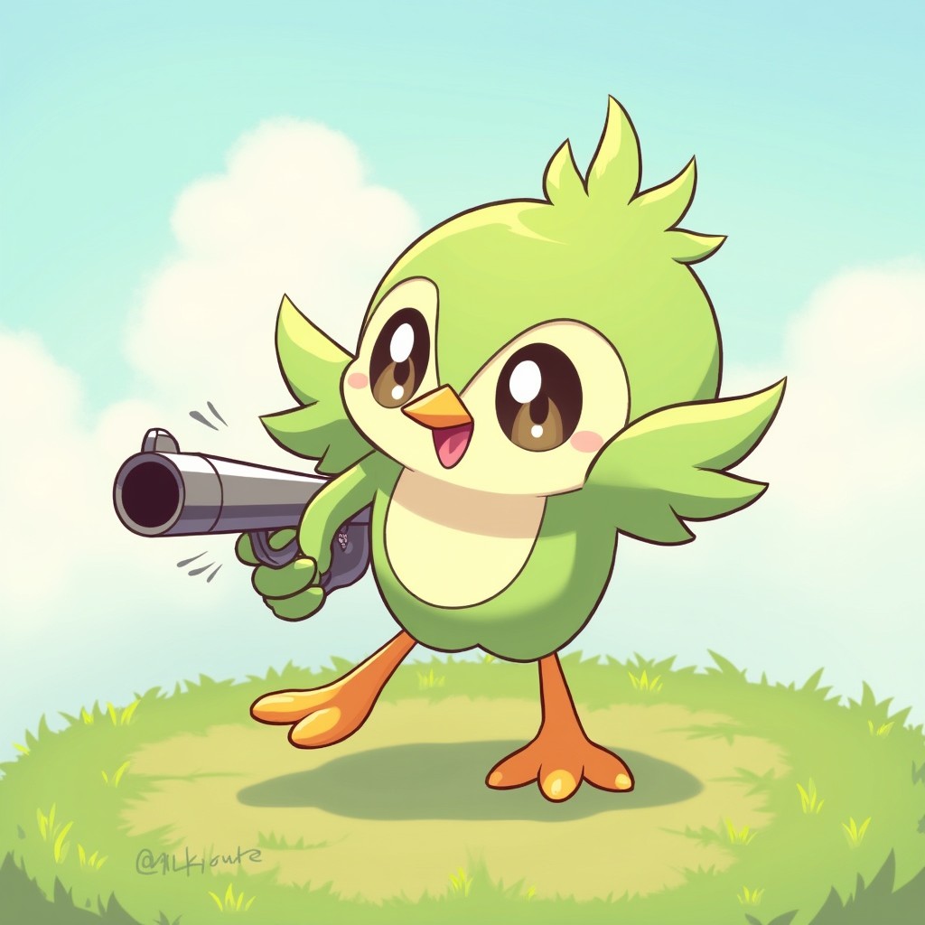 A whimsical, cartoonish illustration of Rowlet, the Grass-type Pokémon, depicted in a comical setting holding a playful toy gun