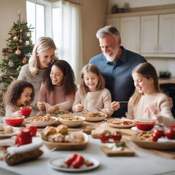 A joyful family of five, consisting of parents and three daughters, cheerfully cooking Christmas and New Year meals together in a festively decorated kitchen. They are also lovingly exchanging gifts, immersing themselves in the season's spirit