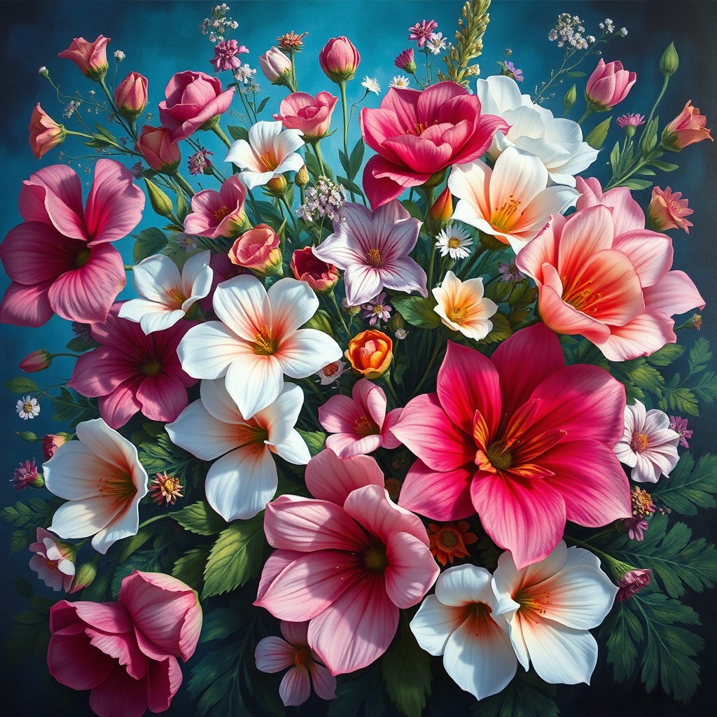 A stunning floral scene inspired by the painting style of Vogan, featuring an intricate arrangement of vibrant flowers, delicate petals, and lush greenery