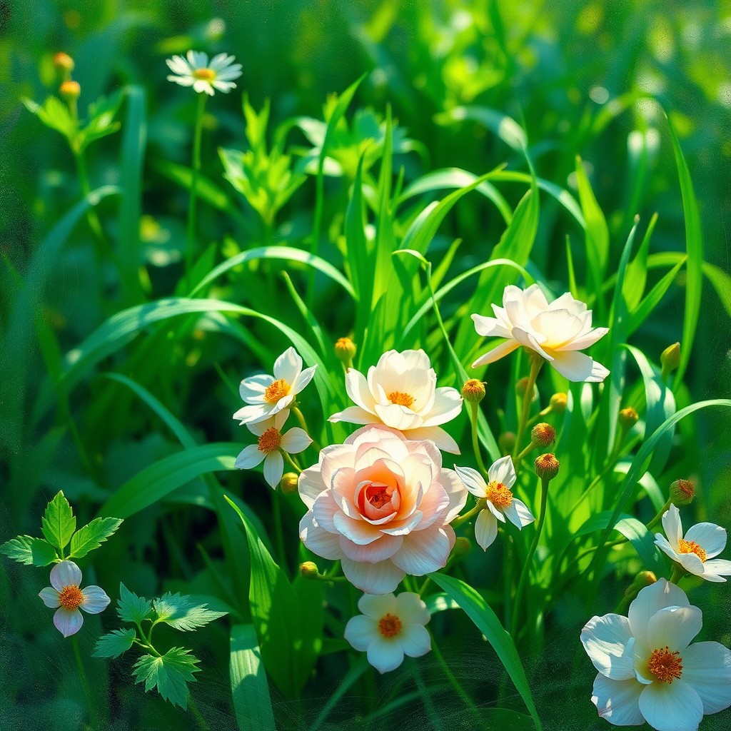 A beautiful floral composition reminiscent of Monet's impressionist style, showcasing an array of blooming flowers in a predominantly green setting