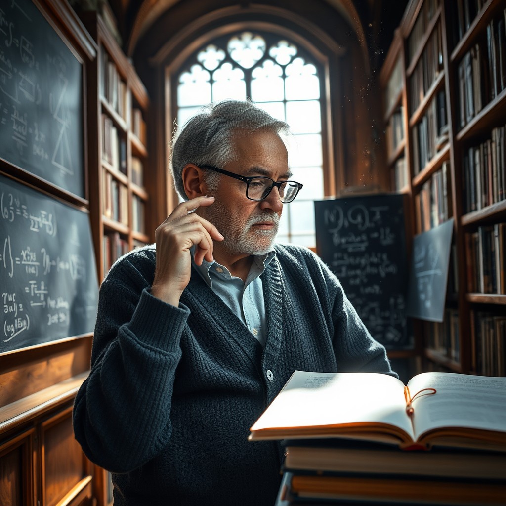 A distinguished mathematician deep in thought, surrounded by chalkboards covered in complex equations and diagrams
