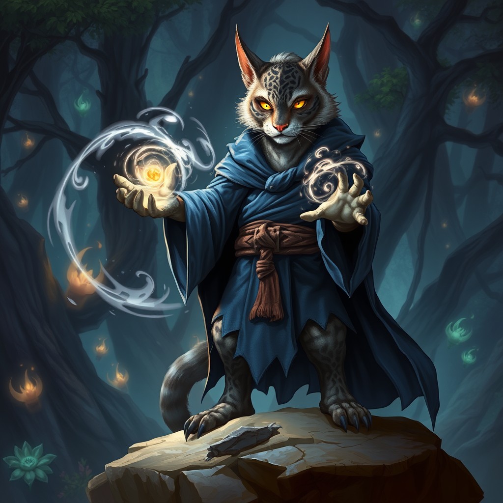 A bold tabaxi sorcerer standing atop a rocky outcrop, his fur adorned with intricate patterns that shimmer in the light