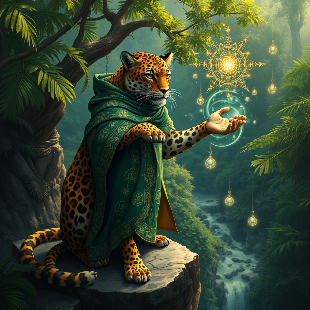 A majestic leopard sorcerer poised on a cliff's edge, his fur showcasing stunning spots that catch the sunlight