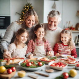 A joyful family of five, consisting of parents and three daughters, cheerfully cooking Christmas and New Year meals together in a festively decorated kitchen. They are also lovingly exchanging gifts, immersing themselves in the season's spirit