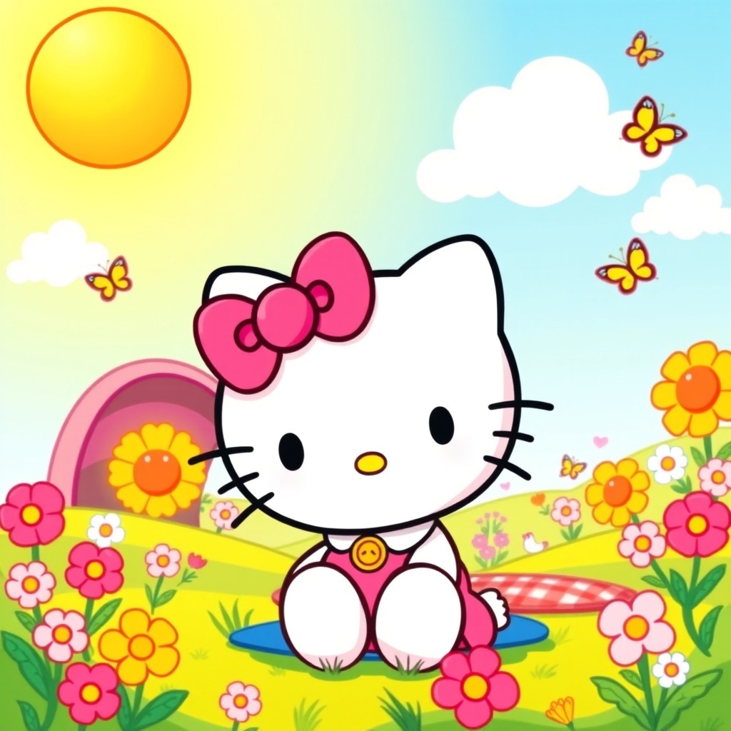 A vibrant and colorful depiction of Hello Kitty in an animated style, showcasing her iconic features such as the big round face, cute pink bow, and cheerful expression