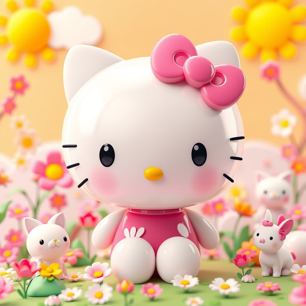 A stunning 3D representation of Hello Kitty, showcasing her signature features such as the large round face, adorable pink bow, and bright, expressive eyes