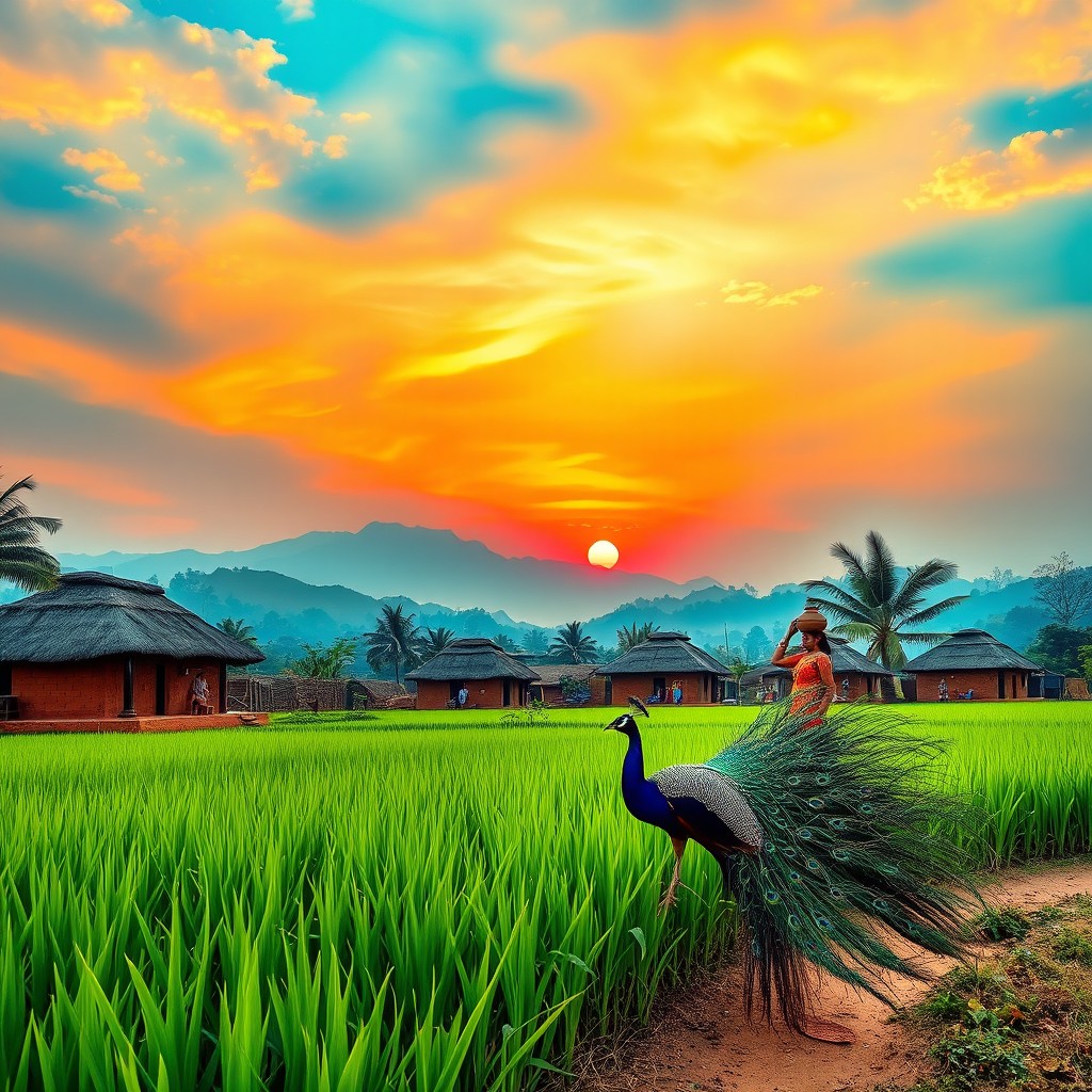 A beautiful scene of a serene traditional Indian village during sunset, with vibrant colors in the sky