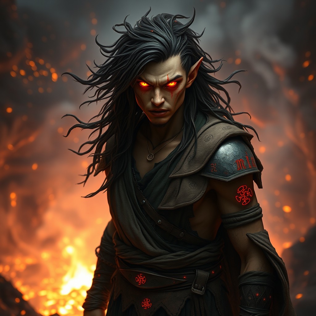 A fierce-looking acolyte with ember glowing eyes, standing in front of a volcanic pit