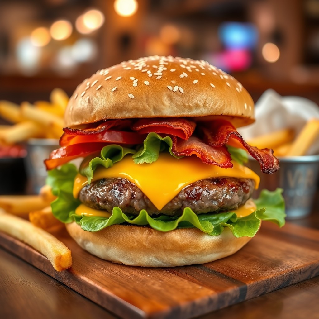 A delicious beef burger on a wooden table, featuring a perfectly grilled beef patty, topped with melted cheddar cheese, fresh lettuce, ripe tomato slices, and crispy bacon, all nestled between a toasted sesame seed bun