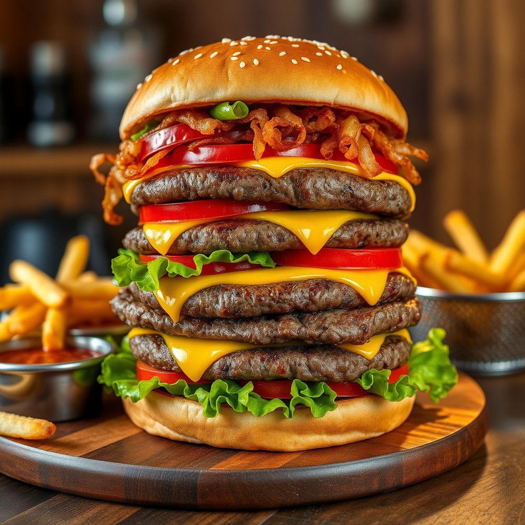 A mouthwatering triple patty juicy beef burger, stacked high on a rustic wooden dining table