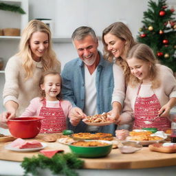 A joyful family of five, consisting of parents and three daughters, cheerfully cooking Christmas and New Year meals together in a festively decorated kitchen. They are also lovingly exchanging gifts, immersing themselves in the season's spirit