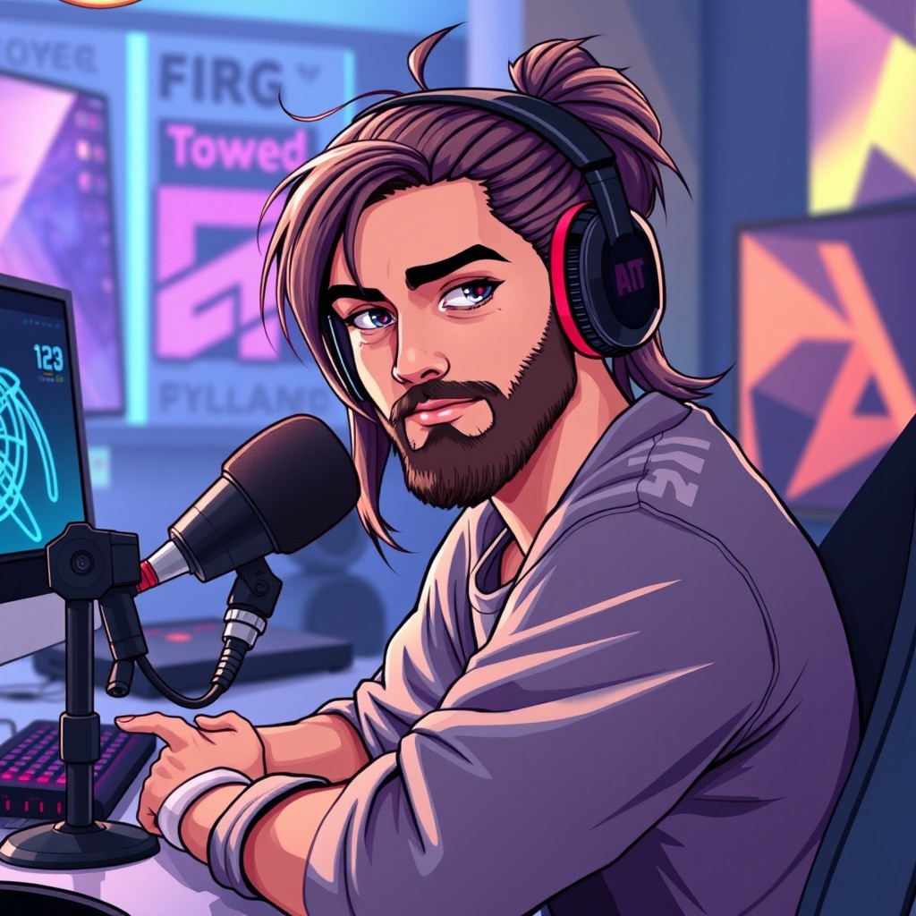 A young man with long hair tied in a ponytail and a neat beard, wearing large, trendy gaming headphones