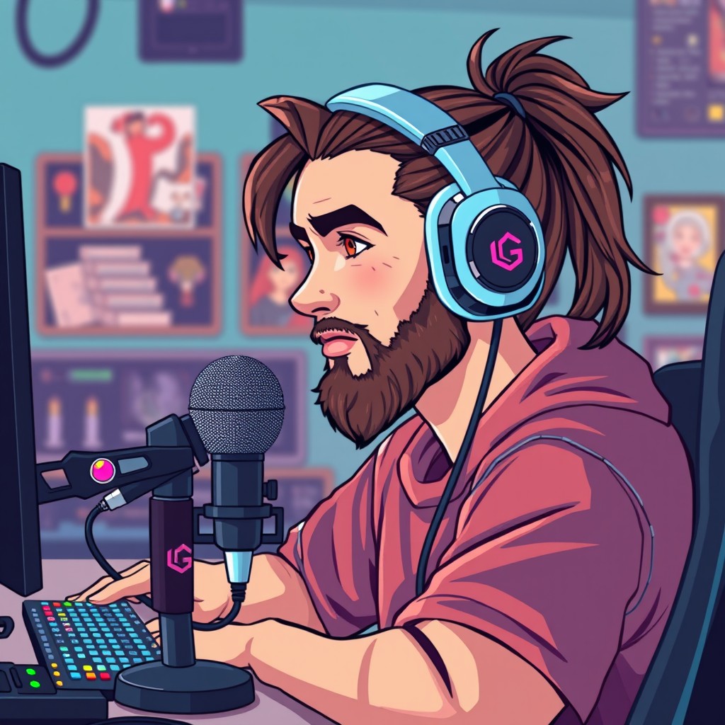 A young man with long hair tied in a ponytail and a neat beard, wearing large gaming headphones