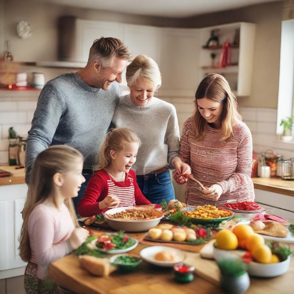 A joyful family of five, consisting of parents and three daughters, cheerfully cooking Christmas and New Year meals together in a festively decorated kitchen. They are also lovingly exchanging gifts, immersing themselves in the season's spirit