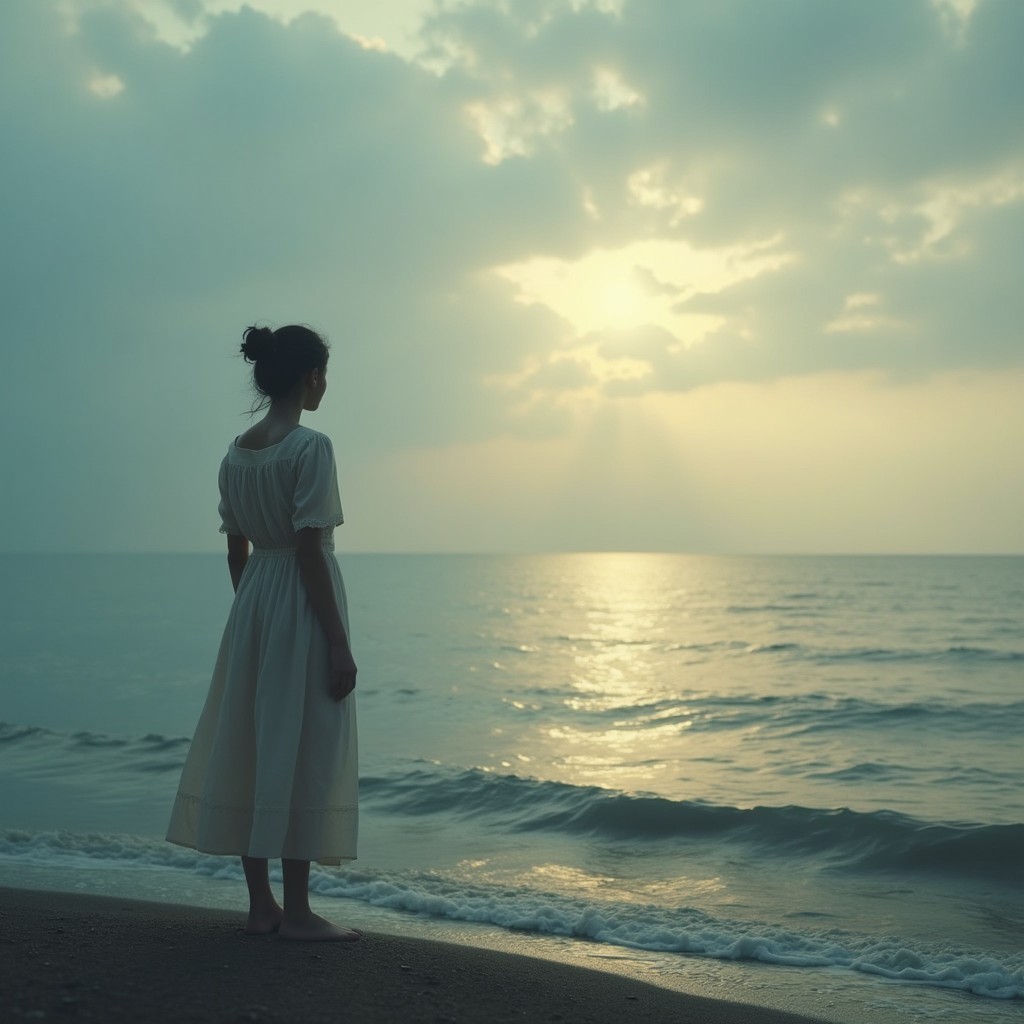 A poetic and melancholic scene featuring a woman standing alone at the edge of a tranquil sea, her back to the viewer as she gazes into the vast, empty horizon