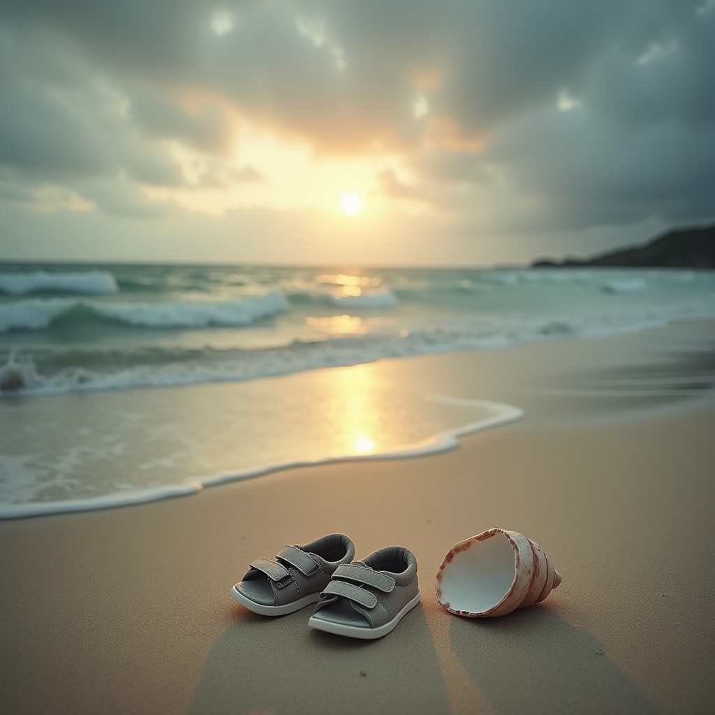 A conceptual and symbolic image of an empty beach at sunset, featuring a pair of small, abandoned children's sandals half-submerged in the wet sand as the tide rises