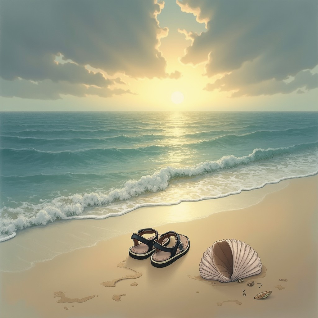 A conceptual and symbolic scene depicting an empty beach at sunset, rendered in a realistic drawing style