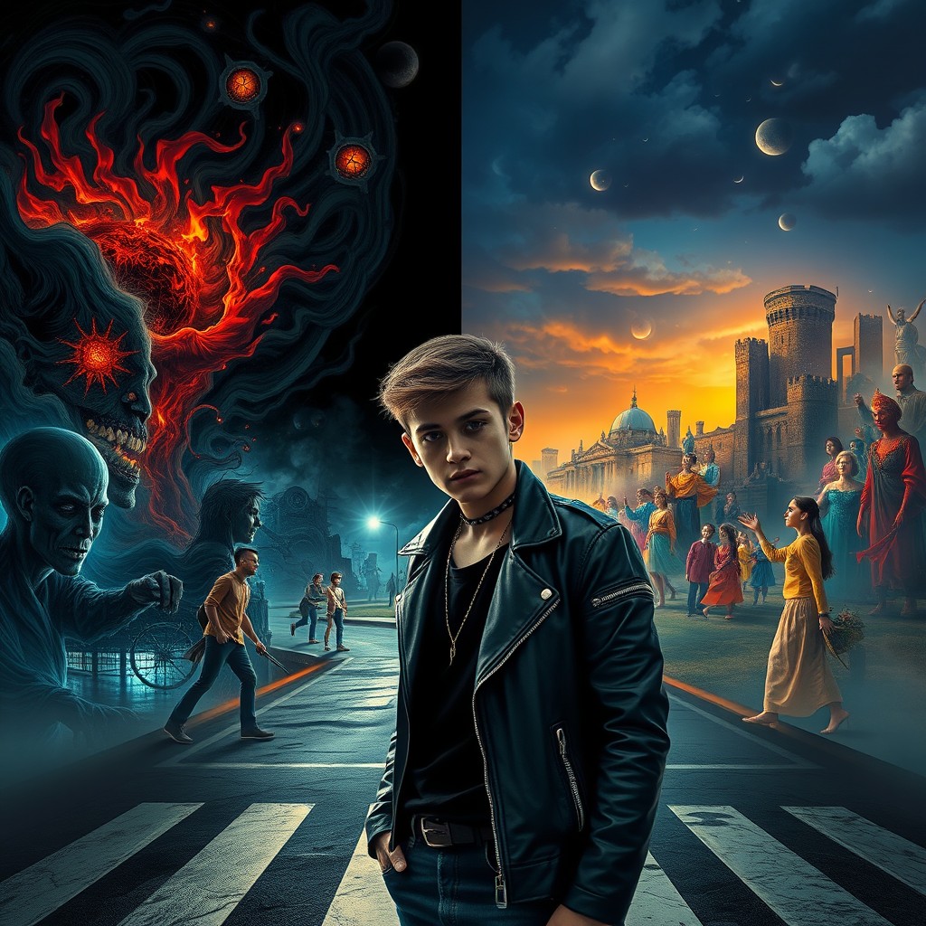 A young rebel standing at the crossroads in the city of feelings, feeling torn between two contrasting realities