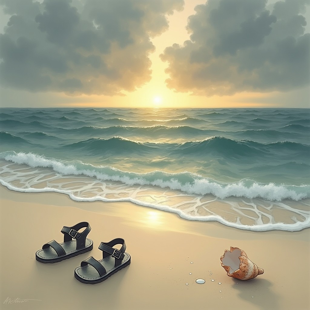 A conceptual and symbolic realistic drawing depicting an empty beach at sunset