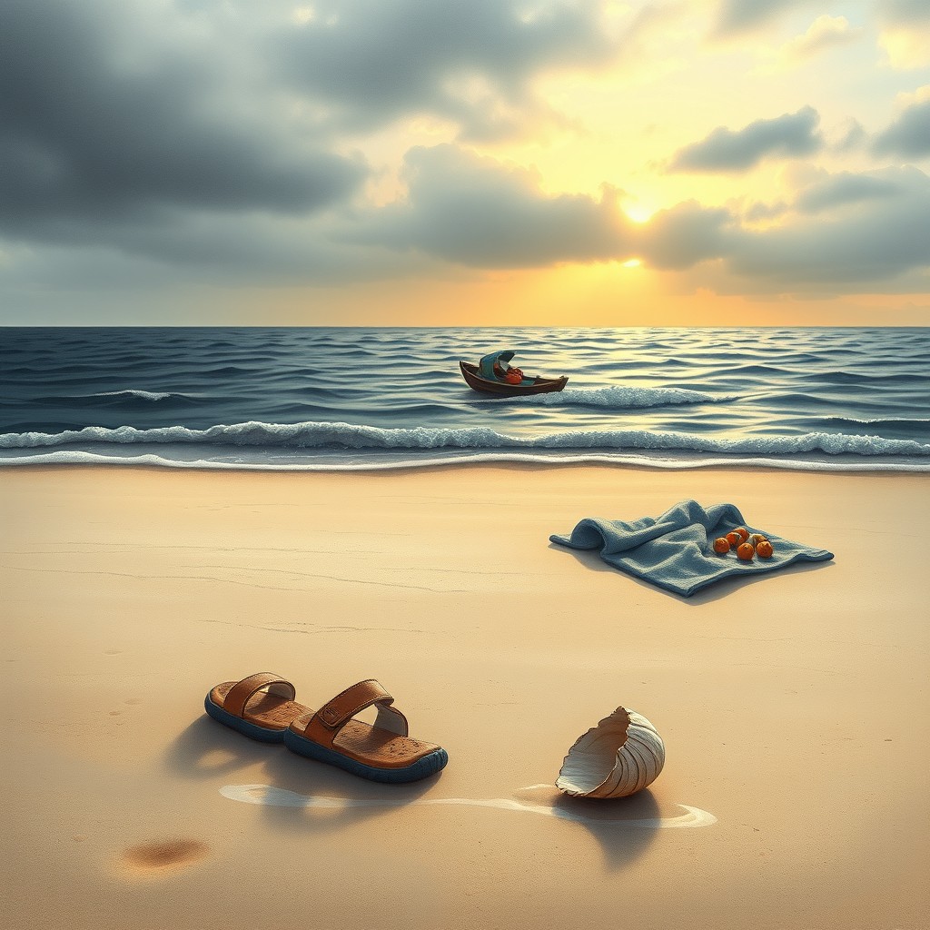 A conceptual and symbolic realistic drawing of an empty beach at sunset