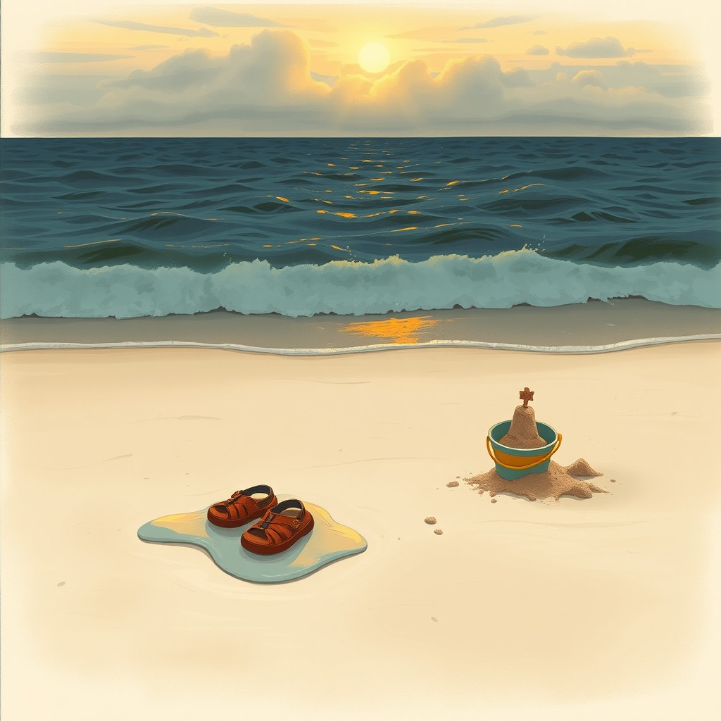 A conceptual and symbolic realistic drawing of an empty beach at sunset, featuring a poignant scene that evokes feelings of loss and emotional depth