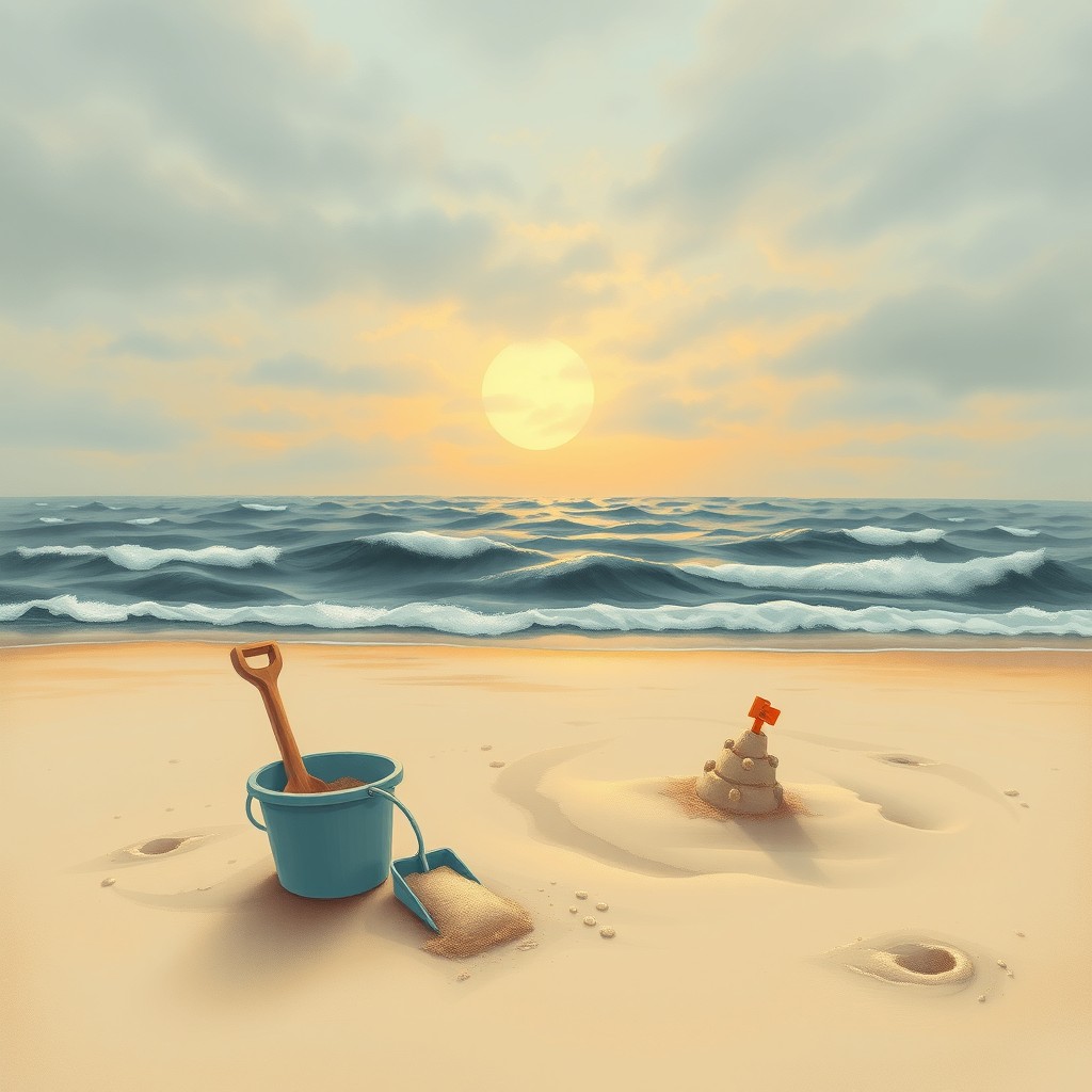 A conceptual and symbolic realistic drawing of an empty beach at sunset