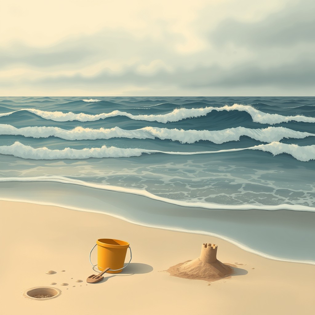 A conceptual and symbolic realistic drawing of an empty beach at sunset, featuring a poignant scene