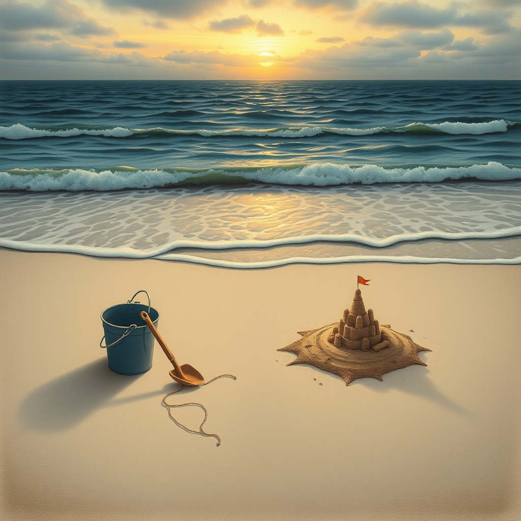 A conceptual and symbolic realistic drawing of an empty beach at sunset, capturing a poignant and emotional scene
