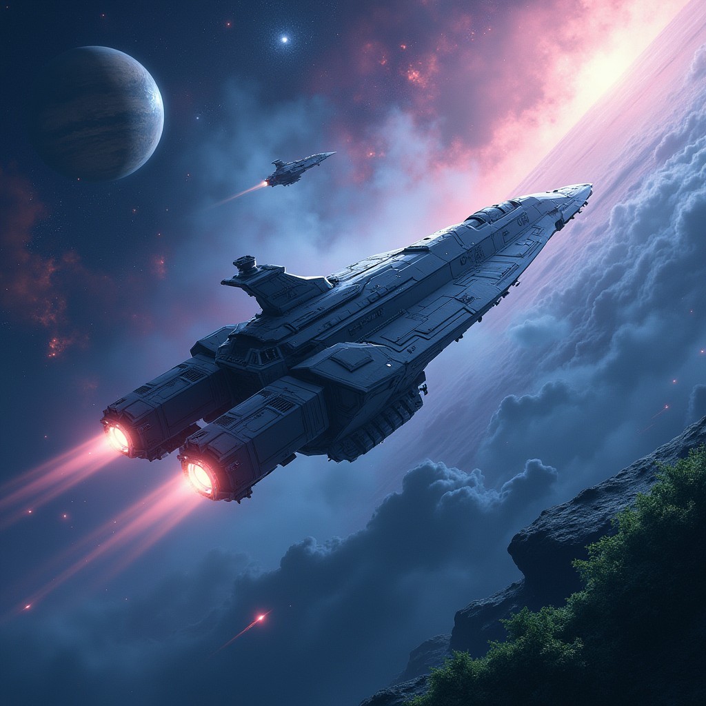 A stunning digital art scene depicting space exploration for a science fiction book cover