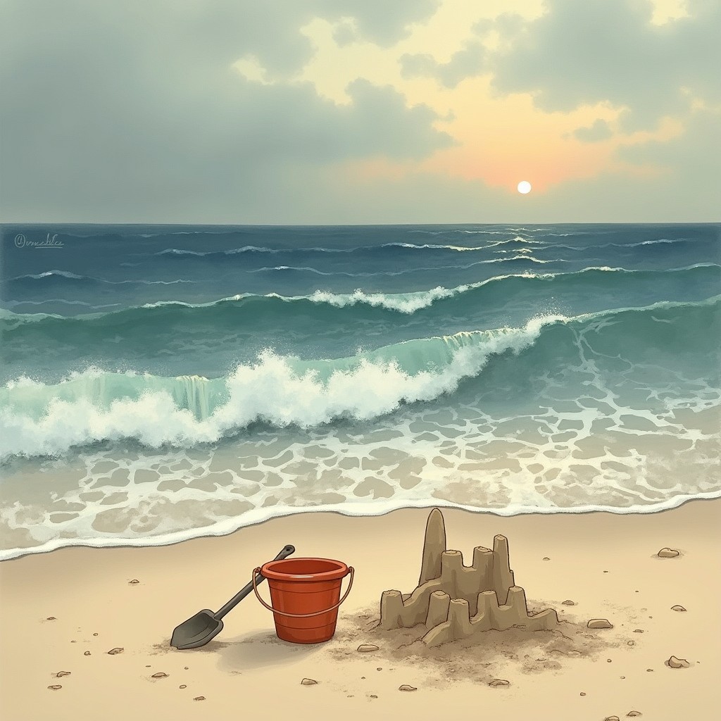 A realistic drawing of a beach scene inspired by Arpoador, featuring a deserted beach at sunset