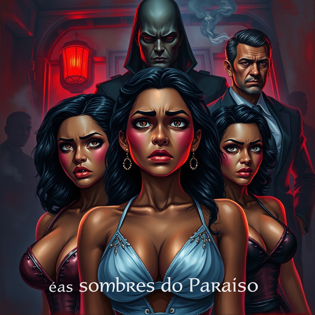 A book cover illustration for 'Yara e as Sombras do Paraíso': A darkly realistic painting featuring three women of Mozambican descent and one man