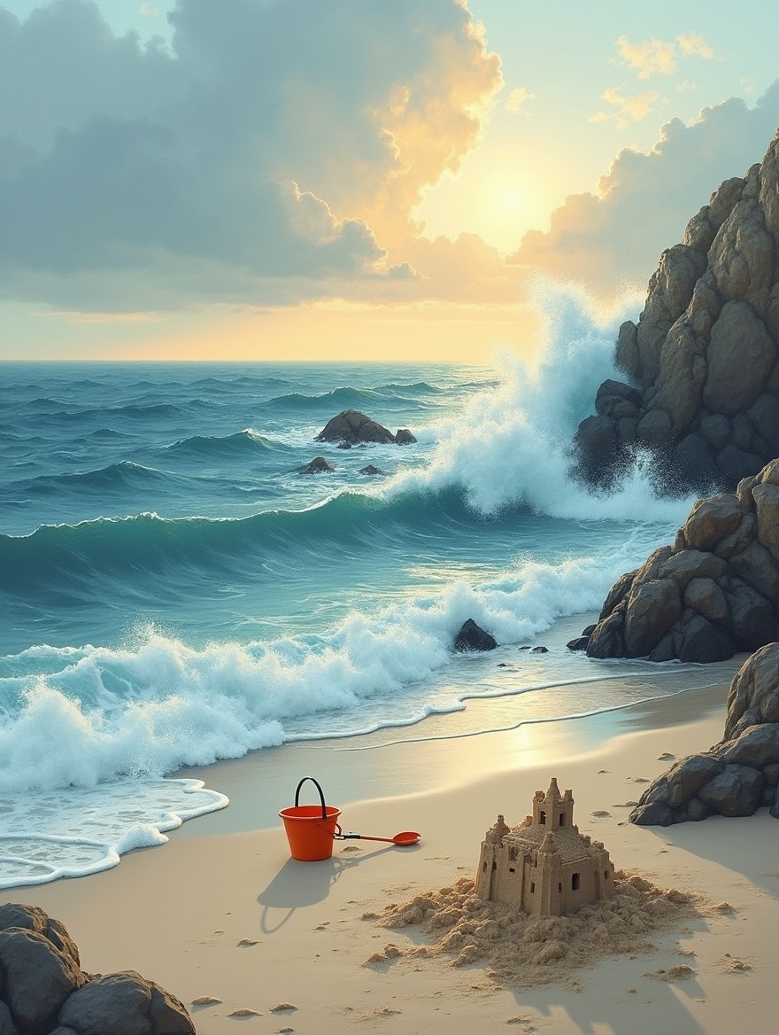 A realistic drawing of a rocky beach scene inspired by the Arpoador, depicting a deserted beach at sunset
